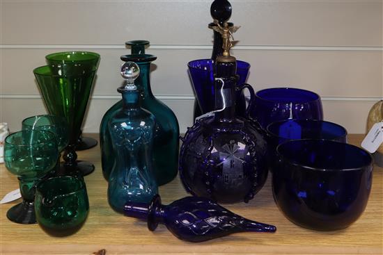 A Dutch blue glass decanter and other 19th century coloured glassware,